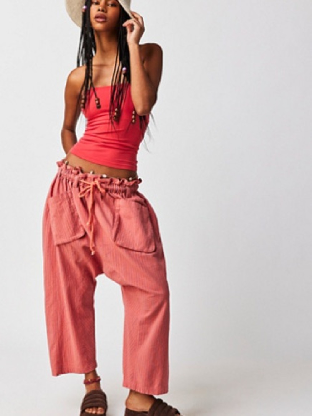 Free People Coral Pink Drawstring Wide-Leg Cropped Pants